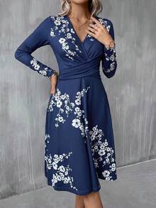 SHEIN Clasi V-Neck Waist Twist Knot Plum Blossom Print A-Line Dress - Teal Blue - View 5