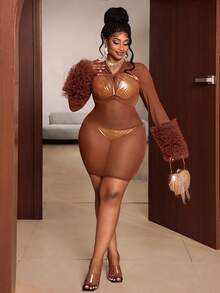Maweii Plus Size Brown Mesh Criss-Cross Hollow Out Bodycon Bodycon Women's Dress Fall - Brown - View 3