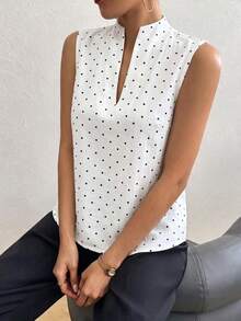 SHEIN 女款夏季休閒波點印花立領無袖上衣 - 白色 - 查看 3