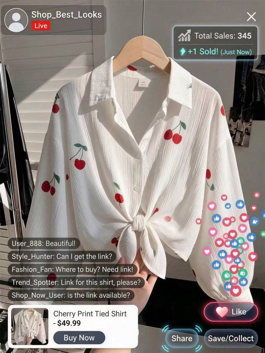 SHEIN 少女白色領口落肩櫻桃圖案袖子襯衫,學院風設計,百搭,適合學校日常穿著,春夏適用 - 白色 - 查看 1