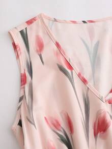 SHEIN Franclia Vestido de Praia Floral Elegante e Casual para Férias de Verão, Festival de Junho, para Mulheres, Roupa para Encontro Romântico, Sem Mangas, Decote em V, Cintura Elástica com Cinto, Vestido em Linha A - Multicolorido - Visão 4
