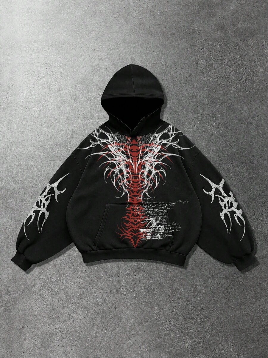 ROMWE MEN Goth 男士哥德風印花長袖休閒寬鬆連帽衫 - 黑色 - 查看 1