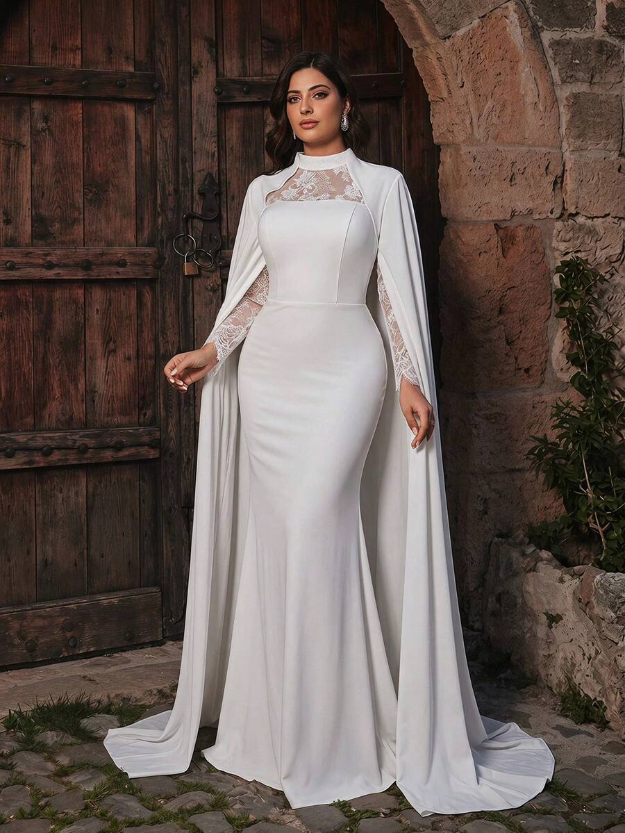 Aureia Plus Size Elegant White 2 In 1 Cape Lace Patchwork Elastic Fabric Round Neck Long Sleeve Mermaid Tail Train Dress Dinner Formal Wedding Autumn - White - View 1