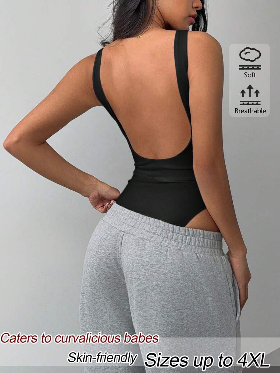 SHEIN BASICS Plus Size Women Solid Color Open Back Casual Tank Bodysuit - White - View 1