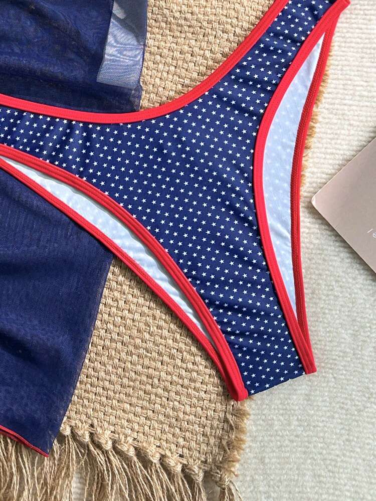 Swim Mod طقم ملابس سباحة نسائي صيفي من 3 قطع بتصميم نجمة لطيف باللون الأحمر مع رقعات، بياقة V وربطة هالتر، مع تنورة برباط جانبي - متعدد الألوان - مشاهدة 4