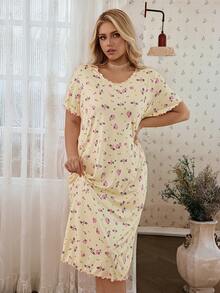 CottageSlumber Jacquard Knit Ditsy Floral Plus Size Short Sleeve Nightgown - Yellow - View 5
