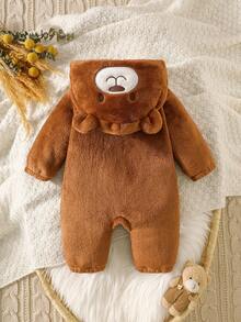 SHEIN Playful Pals Winter Warm Hooded One-Piece Baby Costume - Coffee Brown - View 4