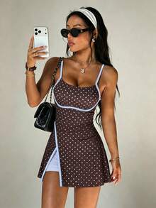 CourtClass CourtClass Gaun Olahraga Golf Wanita Musim Semi/Panas, Gaun Tenis Motif Polkadot dengan Tali Bahu Tipis, Trim Kontras, Belahan Depan, Celana Pendek yang Dapat Dilepas & Saku, Yoga - MultiWarna - View 8