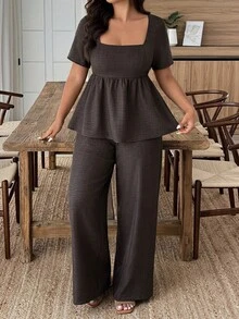 Weeklong Plus Size Women's Spring/Summer Square Neck Ruffle Hem Casual Vacation Set Elegant - Coffee Brown - View 5