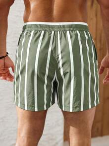 Palasendo Men's Striped Drawstring Waist Beach Shorts For Vacation - Olive Green - View 2