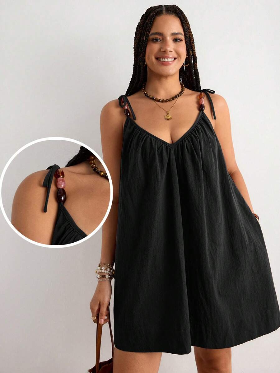 Freevana Plus Size Solid Color Cami Strap Vacation Casual Boho Dress Beach Vacation Black Summer - Black - View 1