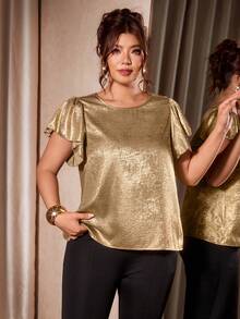 Cravure Plus Size Women's Elegant Ruffle Short Sleeve Gold Bronze Metallic Texture Blouse, Commute & Vacation Shirt - Gold - View 5