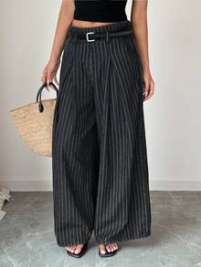 SHEIN Women's High Waist Elegant Fashion Pleated Elastic Waist Loose Wide Leg Versatile Casual Denim Jeans - Black - View 7
