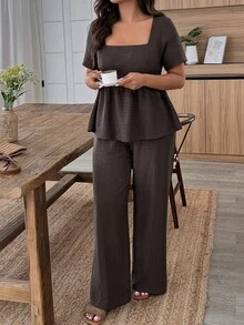 Weeklong Plus Size Women's Spring/Summer Square Neck Ruffle Hem Casual Vacation Set Elegant - Coffee Brown - View 8