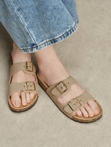 Solecia Rice Apricot Simple Double-Buckle Cork Sandals, Summer Versatile Flat-Bottomed Outer Slippers - rice apricot - View 1