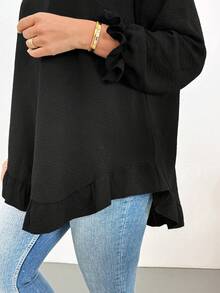 Shapeblank Damen-Bluse in großen Größen für Frühling/Herbst, lässig, locker, bequem, vielseitig, schlankmachend, mit Rüschensaum, schwarz, langärmlig, süßes Top, Herbstkleidung, Ausgeh-Top, minimalistischer Stil - Schwarz - Übersicht 7