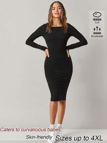 SHEIN BASICS فستان كاجوال ضيق بلون موحد مقاس كبير للخريف - الأسود - مشاهدة 4