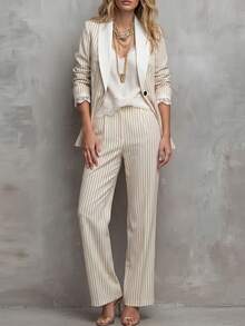 SHEIN Women's Business Striped Lace Patchwork Button Jacket And Contrast Color Pants Suit Set - White - View 3