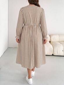 SHEIN Essnce Plus Size Women's Spring/Autumn Fashion Casual Elegant Loose Comfortable Daily Slimming Blue And White Striped Square Neck Long Sleeve Dress, Pocket - Apricot - View 3