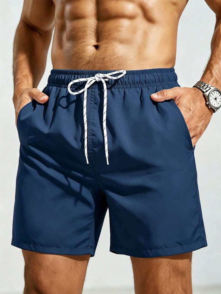 Manfinity KASUA Men's Solid Color Drawstring Waist Pocket Beach Shorts For Vacation - Blue - View 1