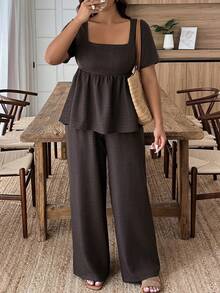 Weeklong Plus Size Women's Spring/Summer Square Neck Ruffle Hem Casual Vacation Set Elegant - Coffee Brown - View 7