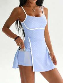 CourtClass CourtClass Gaun Olahraga Golf Wanita Musim Semi/Panas, Tali Bahu Tipis, Motif Polkadot, Ikat Pinggang Warna Kontras, Belahan Depan, Celana Pendek Lepas Pasang dengan Saku, Tenis, Gym - Biru - View 8