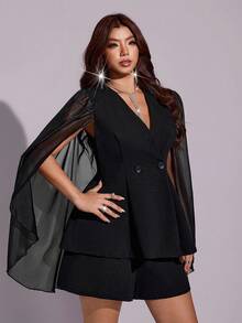 Viva Relle Plus Size Women Solid Color Double-Breasted Cape Design Blazer Vest And Shorts Elegant Set - Black - View 5