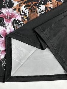 Lalippa 女款虎紋與花卉印花不對稱單肩休閒日常夏季T恤 - 黑色 - 查看 3