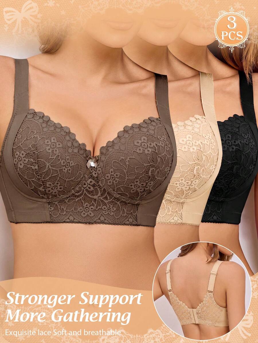 SHEIN 3件組女款性感蕾絲拼接鋼圈內衣,防滑寬肩帶 - 彩色 - 查看 1