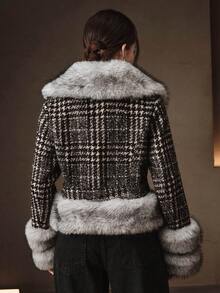 Anewsta Jaket Pendek Bulu Imitasi Lembut Motif Houndstooth Patchwork Musim Gugur/Dingin untuk Wanita, Dilengkapi dengan Pengencang Pinggang dan Bulu Imitasi. - Hitam dan Putih - View 3
