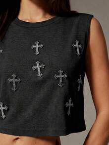 Denimoi Rhinestone Cross Charms Cropped Low Armhole Tank Top, Fashionable, Crop Top - Black - View 10