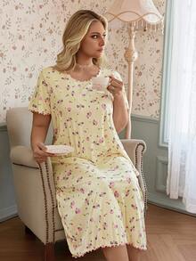 CottageSlumber Jacquard Knit Ditsy Floral Plus Size Short Sleeve Nightgown - Yellow - View 6