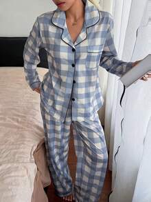 SHEIN 格紋印花長袖長褲翻領睡衣套裝 - 藍色 - 查看 4