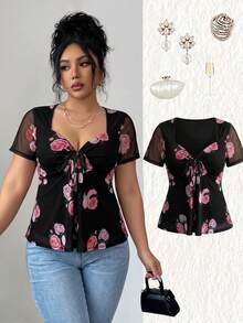 Elenzga Plus Size Versatile Premium Mesh Digital Floral Print T-Shirt - Multicolor - View 1