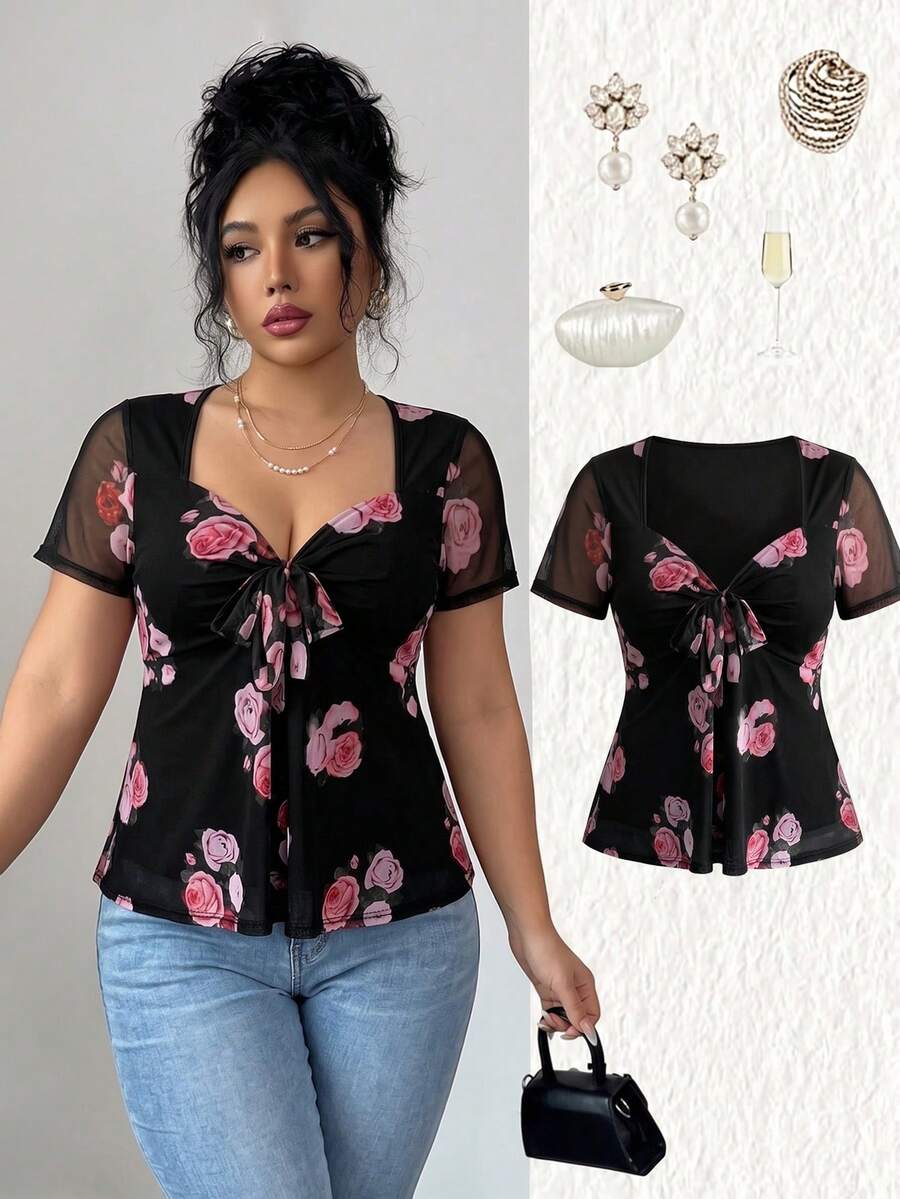 Elenzga Plus Size Versatile Premium Mesh Digital Floral Print T-Shirt - Multicolor - View 1