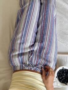 CovetEZ 女款彩色條紋綁帶腰寬腿長褲 - 藍色 - 查看 3
