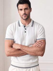 Manfinity Dauomo Black And White Checkered Collar Knit Polo, Preppy Casual Style, Summer, Daily Commute, Dating Street Vacation T Golf - White - View 6