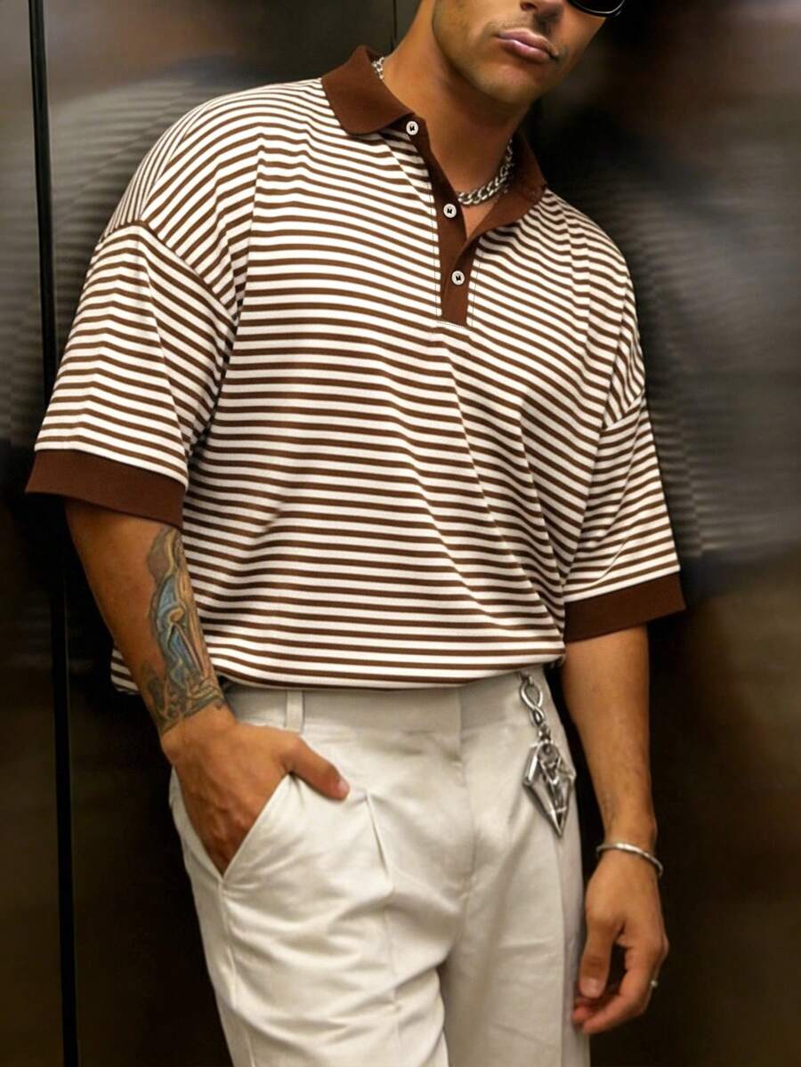 Manfinity Dauomo 男士條紋拼色休閒百搭日常穿著短袖T恤 - 咖啡棕 - 查看 1