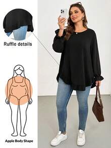 Shapeblank Damen-Bluse in großen Größen für Frühling/Herbst, lässig, locker, bequem, vielseitig, schlankmachend, mit Rüschensaum, schwarz, langärmlig, süßes Top, Herbstkleidung, Ausgeh-Top, minimalistischer Stil - Schwarz - Übersicht 2