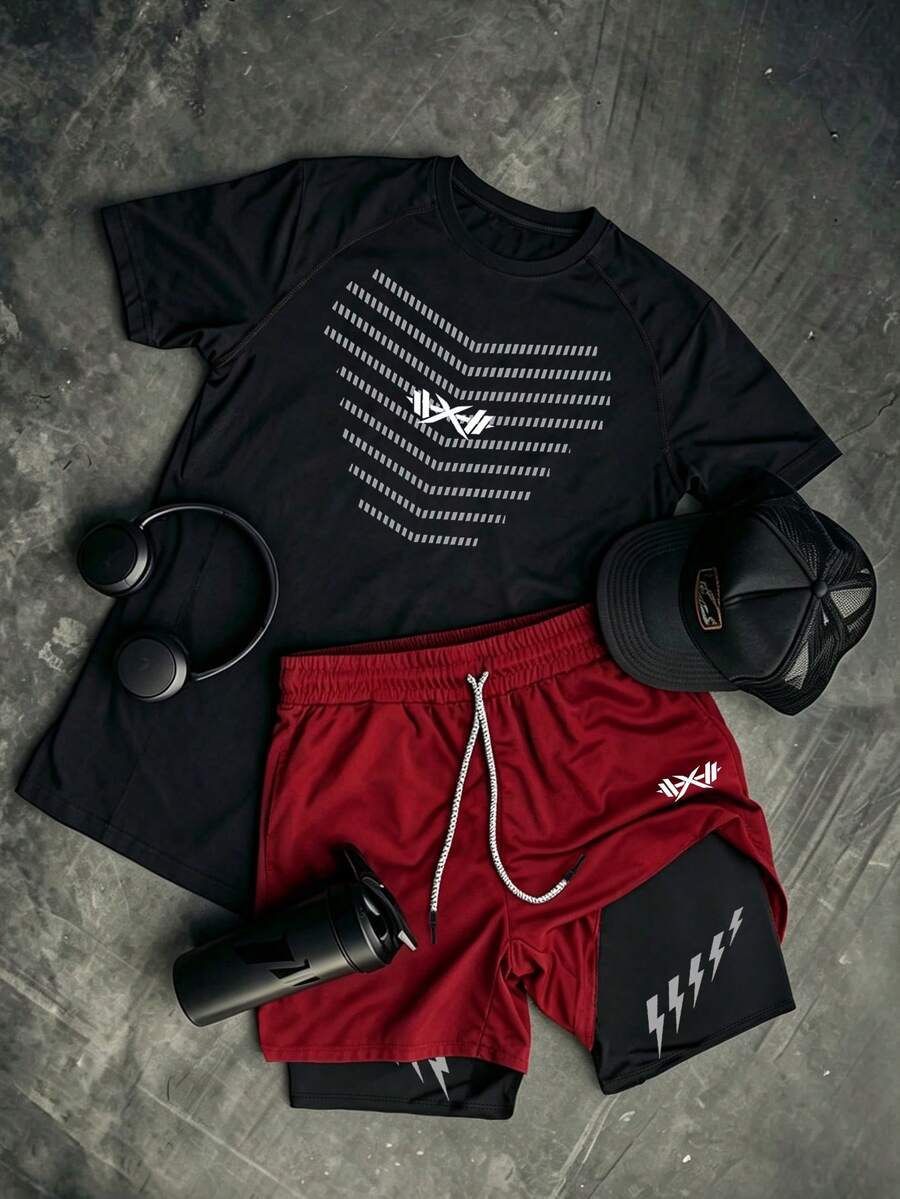 Gym Rark Men's Barbell Print Short Sleeve Top And Shorts Sports Set, Gym - Black - View 1