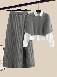 GlowEve Women's Solid Color Sweater & Split Hem Knit Skirt 2 Pieces Set - Light Grey - View 8