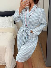 Napfluff Romantic Blue Women's Plaid Print Long Sleeve Robe - Blue - View 5
