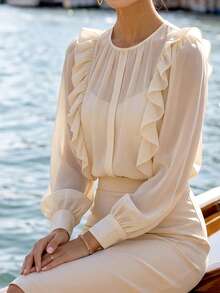 Balvessa Women's Apricot French Ruffle Chiffon Blouse, Lightweight Sheer Lantern Sleeve Top, Commute Vacation Gentle Style Versatile Shirt - Apricot - View 5