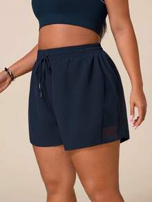 SHEIN Rhythm Era Celana Pendek Olahraga Yoga Luar Ruangan Ukuran Plus Wanita dengan Pinggang Berbahan Jala dan Tali Serut - Navy Blue - View 6