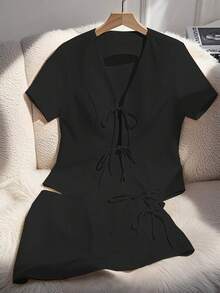 Franclia 2pcs/Set Women Summer Casual/Office Solid Color Short Sleeve Shirt And Skirt Set - Black - View 7
