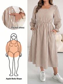 SHEIN Essnce Plus Size Women's Spring/Autumn Fashion Casual Elegant Loose Comfortable Daily Slimming Blue And White Striped Square Neck Long Sleeve Dress, Pocket - Apricot - View 7