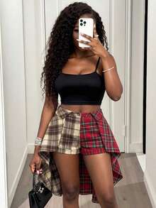 SHEIN BamGlam Women's Plaid Asymmetrical Hem Fashion Grunge Punk Casual Skort After Party Everyday Night Brown Summer - Apricot - View 6