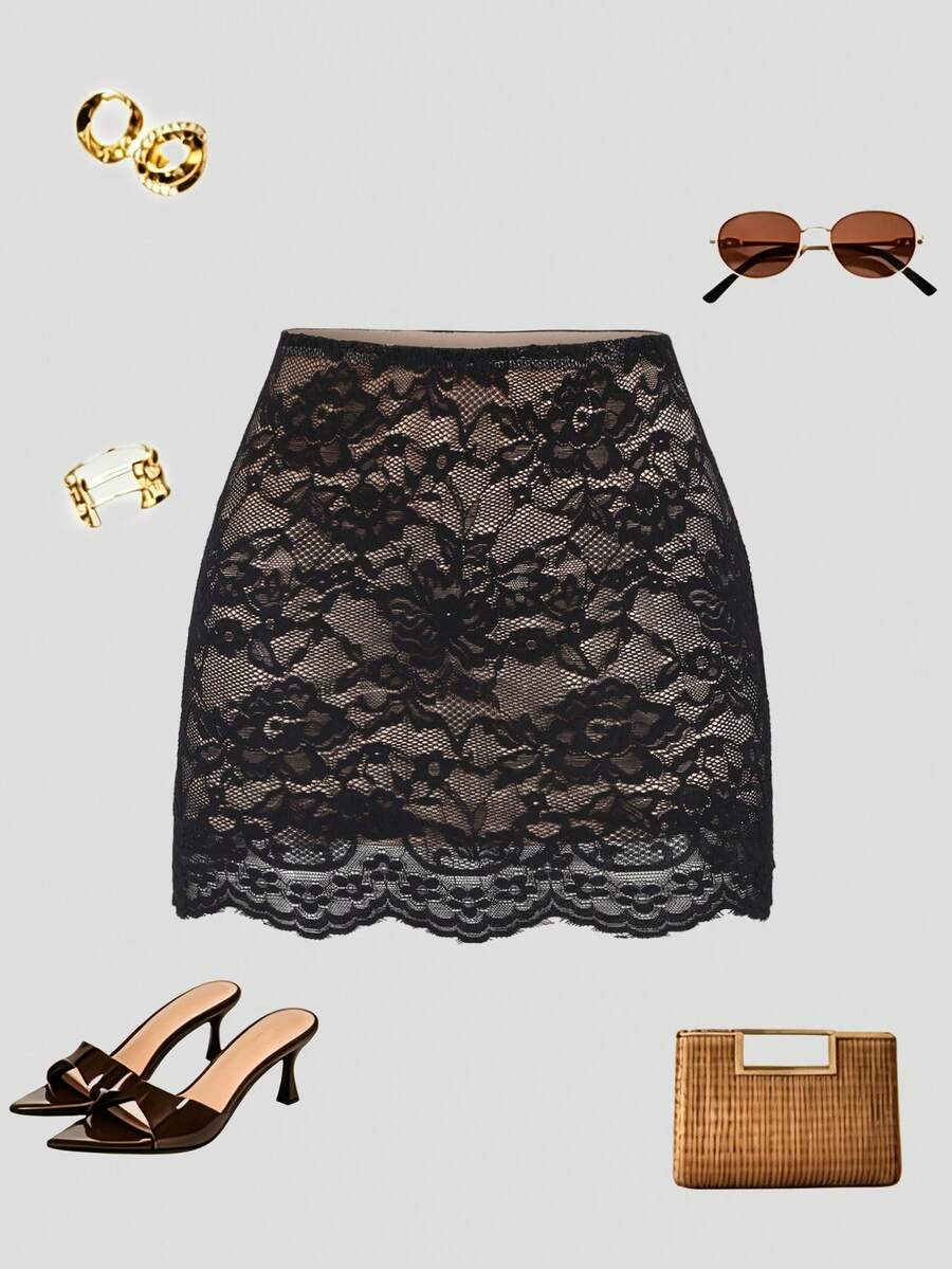 GlowEve CURVE Plus Size Women Black Sexy Lace Bodycon Mini Skirt, High Waist Slimming Skirt, Minimalist Sexy Style Hot Girl Date Inner Layer Skirt, Plus Size Women Clothing - Black - View 1