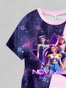 2件套女童时尚星星字母印花撞色短袖上衣和短裤套装，适合夏季外出穿着 - 彩色 - 查看 5