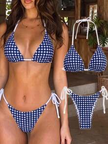 Swim Mod Efreshing Blue And White Board-Necked Swimwear With Double-Bound Low-Waisted Trousers Teeny Vacation - Multicolor - View 3